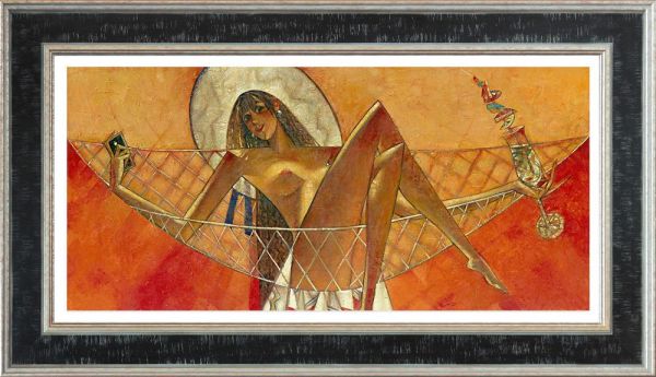 Framed hand-embellished canvas by Andrei Protsouk, with an expressive figure in warm orange and gold tones and geometric details.