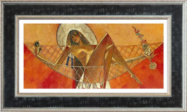 Hand-embellished canvas print by Andrei Protsouk, depicting a reclining figure in warm orange and gold tones within a dark framed border.