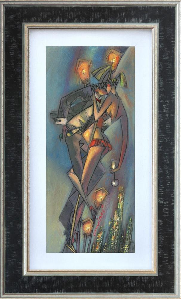 Framed hand-embellished canvas print by Andrei Protsouk, with an abstract cubist couple in muted blue and rust tones.