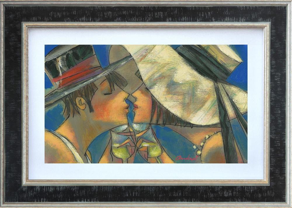 Hand embellished canvas by Andrei protsouk, colorful cubist scene of a couple embracing, in a dark wood frame.
