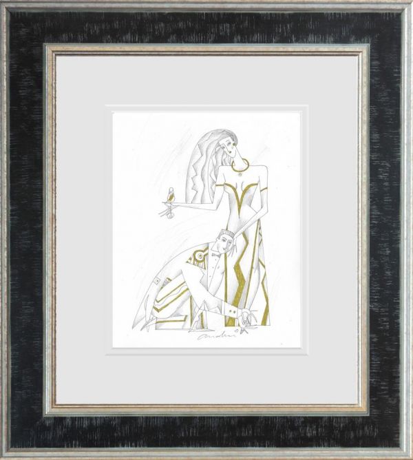 Framed limited edition print by Andrei Protsouk, featuring a fine-line study of two figures with gold accents on paper.