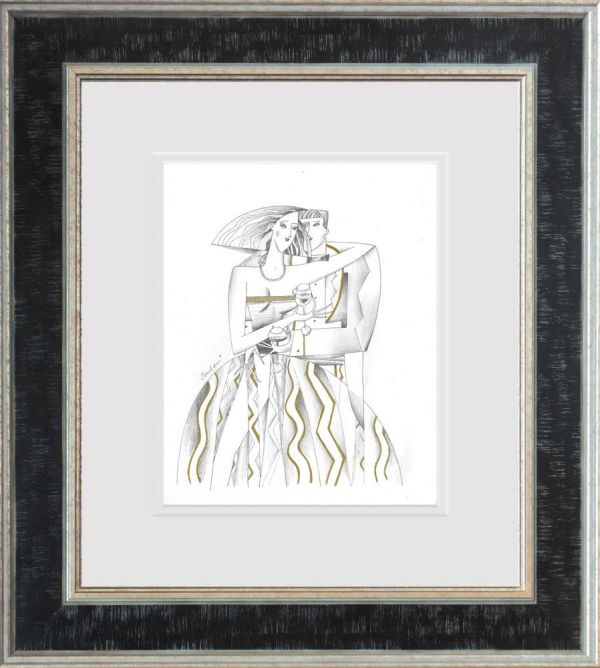 Limited edition line study print by Andrei Protsouk, depicting an embracing couple in fine black and gold lines.