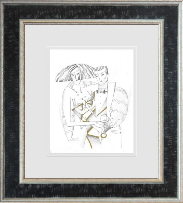 Framed line study print by Andrei Protsouk, featuring an abstract couple in black, white, and gold on paper.