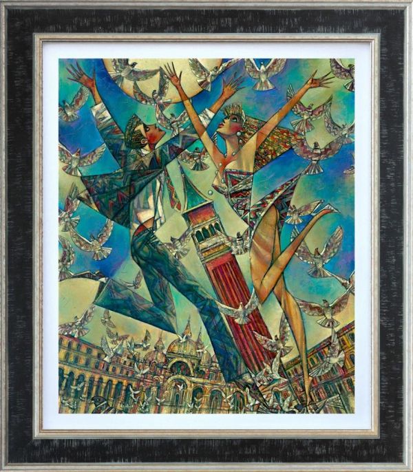 Hand embellished canvas by Andrei Protsouk, vivid blue and teal cubist scene of dancers and birds in an ornate frame.