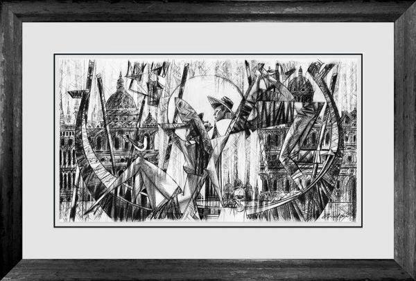 Limited edition print by Andrei Protsouk, black-and-white sketch of Venice with gondolas and sailboats on paper.