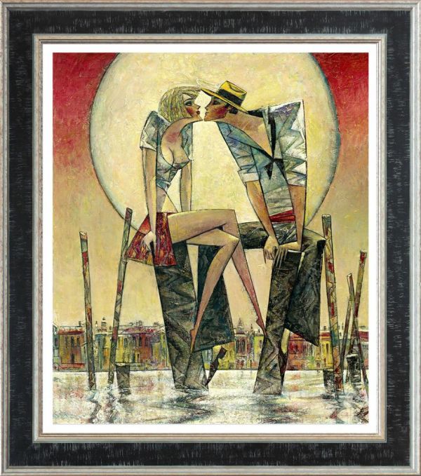 Hand embellished canvas by Andrei Protsouk, depicting an abstract couple in angular muted colours within a black frame.