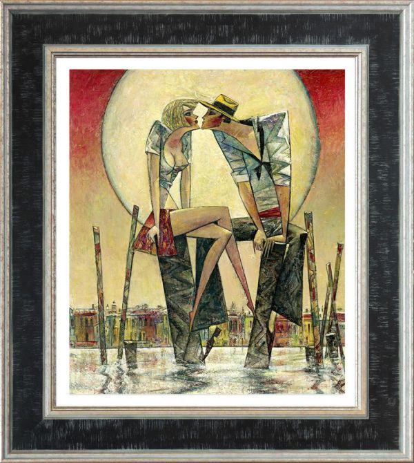 Hand-embellished canvas by Andrei Protsouk, featuring an abstract couple in angular shapes against a large pale moon and red sky.