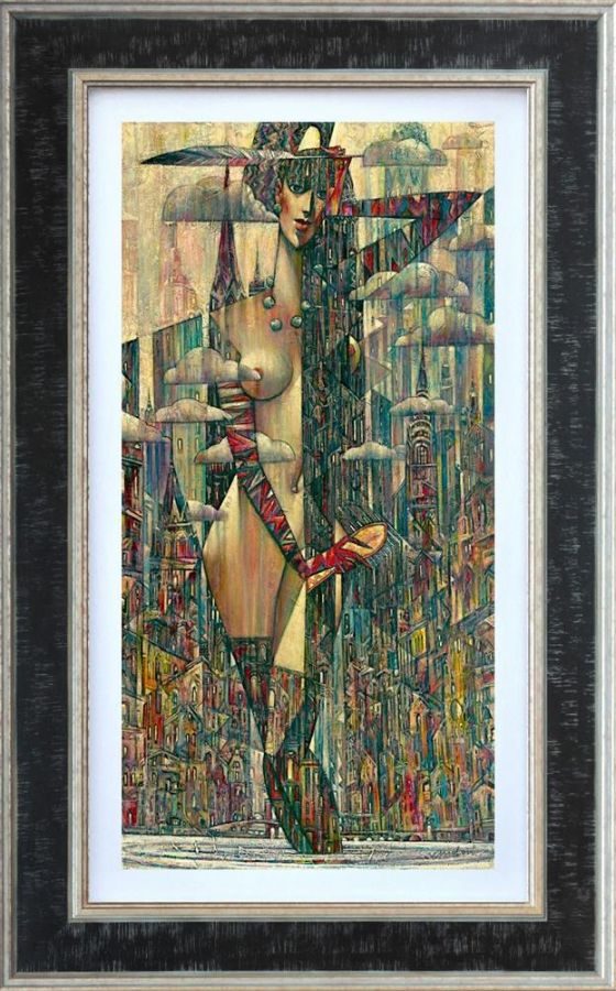 Manhattan hand embellished canvas art by Andrei Protsouk, limited edition print, framed abstract female figure with cityscape background