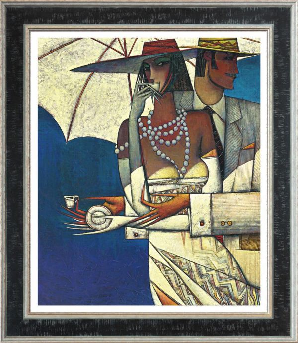 Hand-embellished canvas print by Andrei Protsouk, featuring two stylized figures, pearl necklaces and geometric patterns in blue and cream.