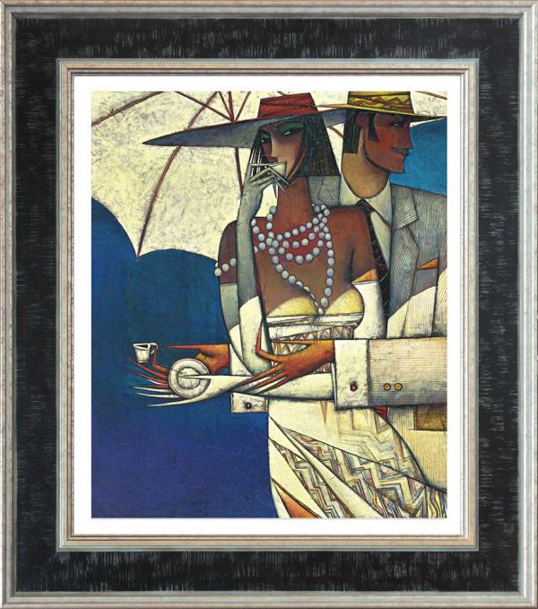 Hand-embellished canvas print by Andrei Protsouk, featuring stylized figures in hats with bold blue, cream and red tones