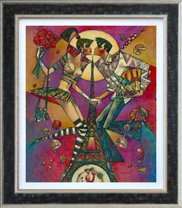 Hand-embellished canvas by Andrei Protsouk, featuring two stylized figures and the Eiffel Tower in vivid geometric colours.