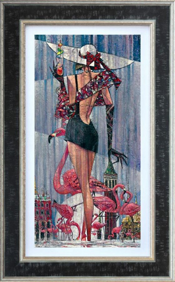 Hand-embellished canvas print by Andrei Protsouk, featuring a woman in a black dress, pink flamingos and blue stripes.