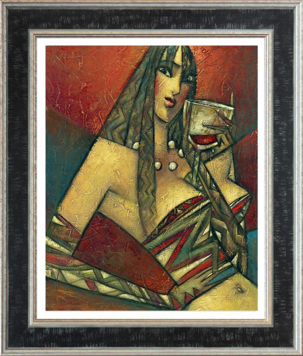 Hand embellished canvas by Andrei Protsouk, depicting a woman in a geometric red dress holding a glass of wine, in a dark frame.