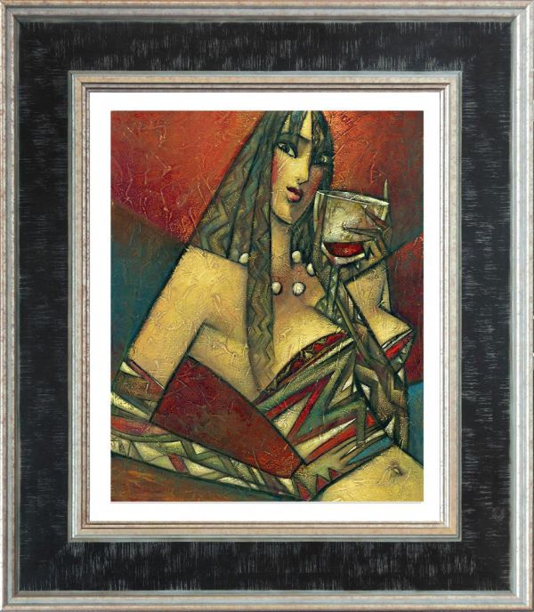 Hand-embellished canvas by Andrei Protsouk, depicting a woman with a glass of red wine in a geometric-patterned dress.