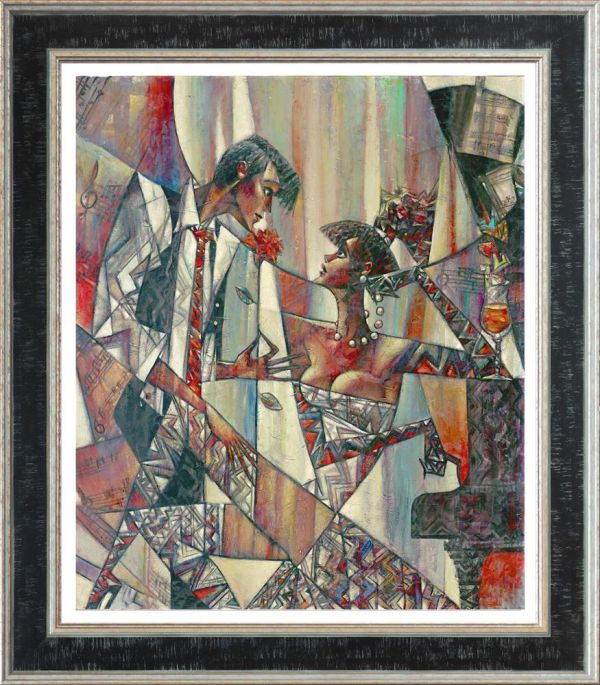 Hand-embellished canvas by Andrei Protsouk, abstract cubist figures in muted colors with geometric patterns and a dark frame.