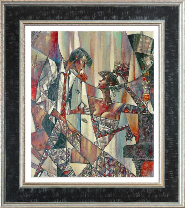Limited edition hand-embellished canvas by Andrei Protsouk, featuring colorful geometric cubist figures in a silver and black frame.