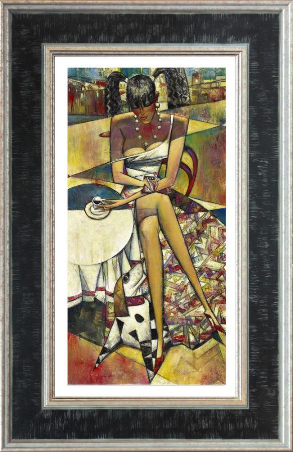 Hand-embellished canvas print by Andrei Protsouk, featuring a woman seated at a table in vivid geometric colors, in a black frame.