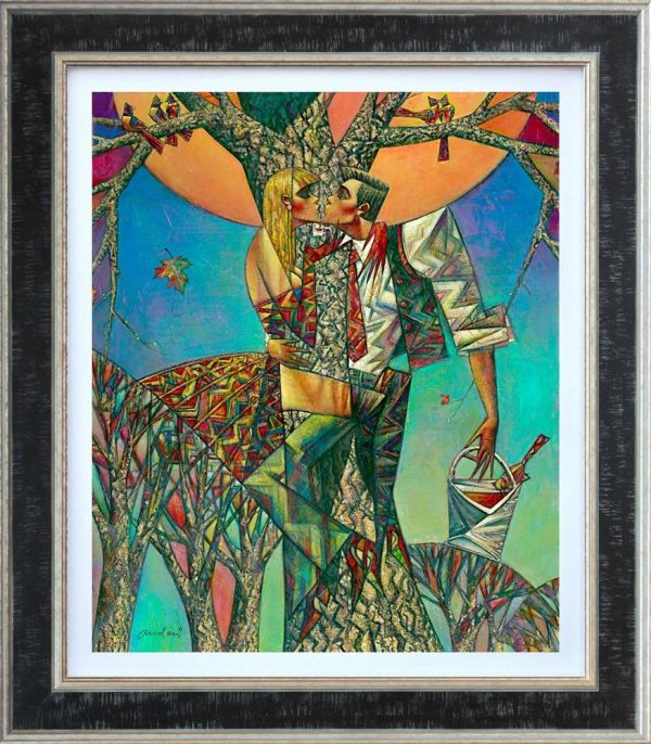Hand-embellished canvas by Andrei Protsouk, depicting a couple kissing beneath a colourful geometric tree in a dark frame.