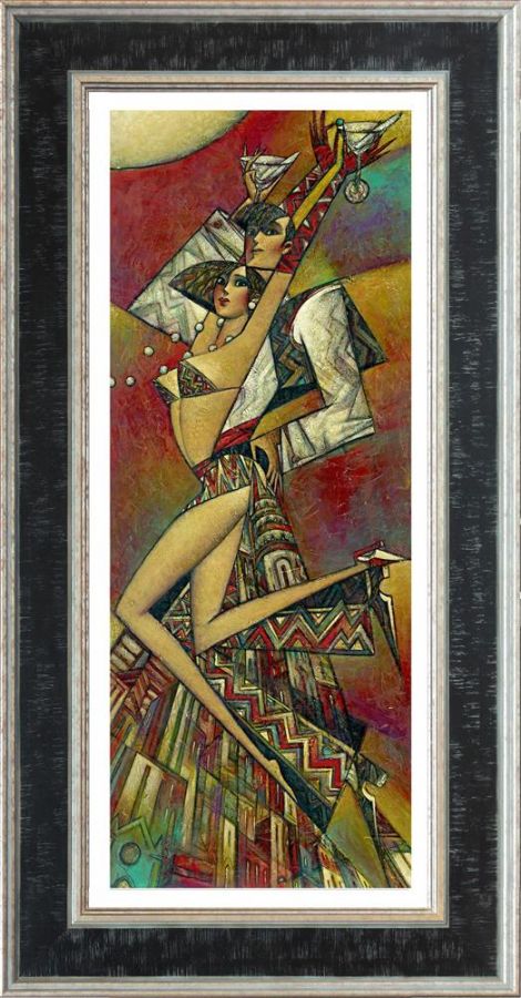 Hand embellished canvas print by Andrei Protsouk, featuring an angular cubist woman in a colorful geometric pattern.