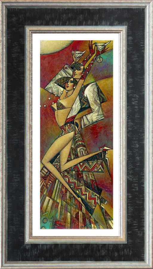 Hand-embellished canvas by Andrei Protsouk, depicting a stylized woman in a geometric multicolour costume with angular patterns.