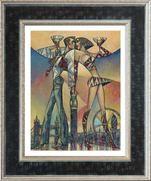 Hand-embellished canvas by Andrei Protsouk depicting stylized figures above a cityscape in muted jewel tones, in a dark frame.