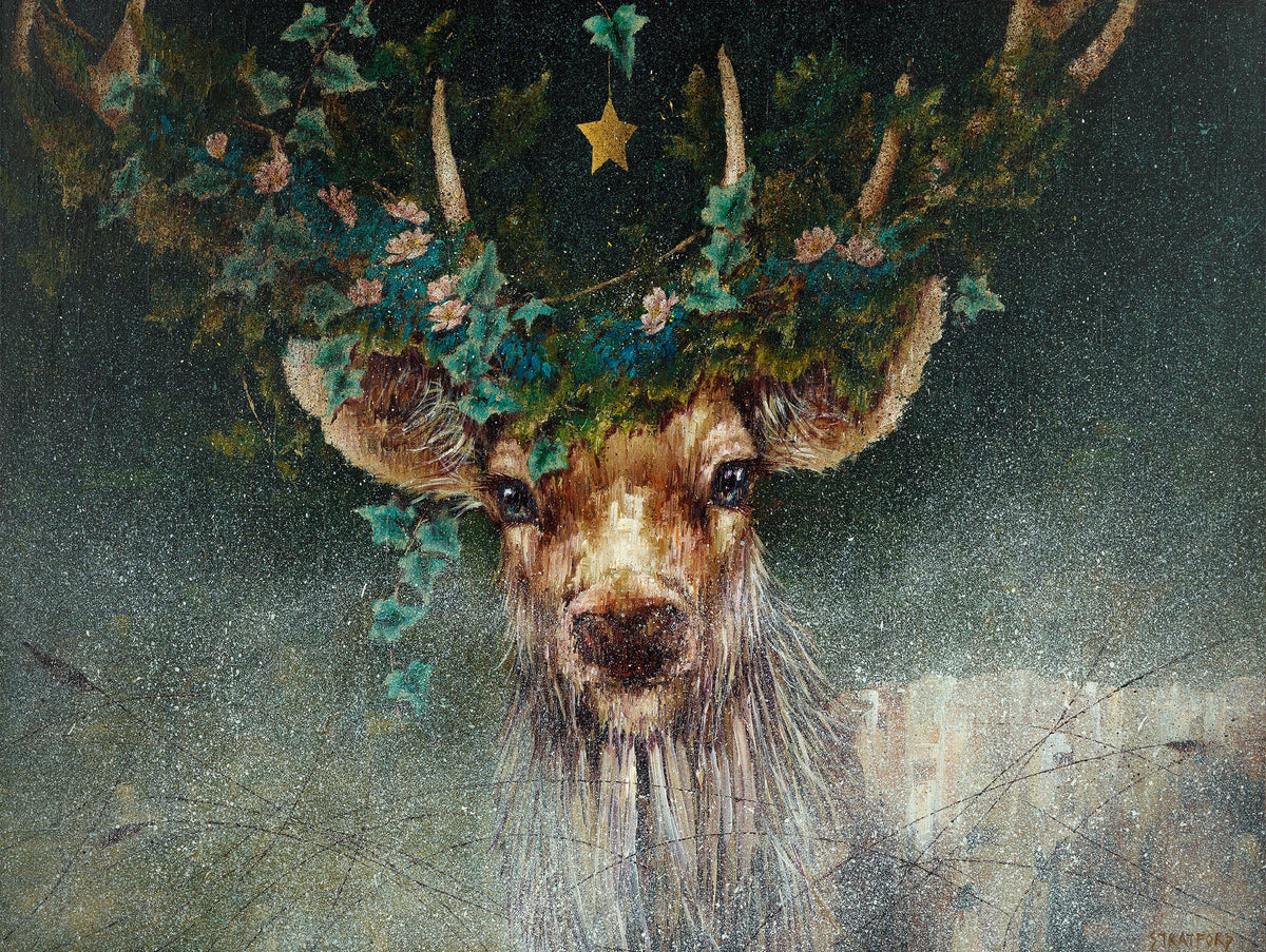 Original acrylic painting by Amanda Stratford depicting a brown stag with branching antlers decorated with foliage and flowers, beneath a gold star.