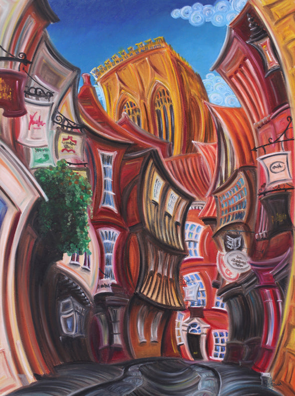 Limited edition giclee print A Total Shambles by Rayford featuring distorted colorful buildings and church tower on paper, hand signed and framed.