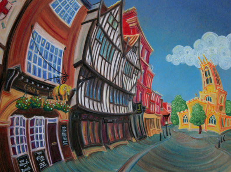 Limited edition Rayford giclee print of All Saints Pavement with colorful distorted buildings and church under a blue sky