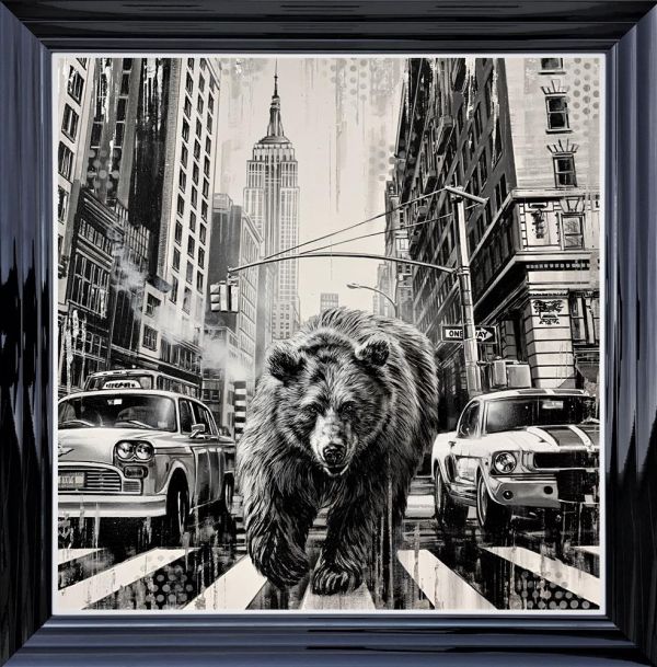 Endangered Empire hand embellished canvas print by Ben Jeffery featuring a bear in a city street with classic cars and skyscrapers.