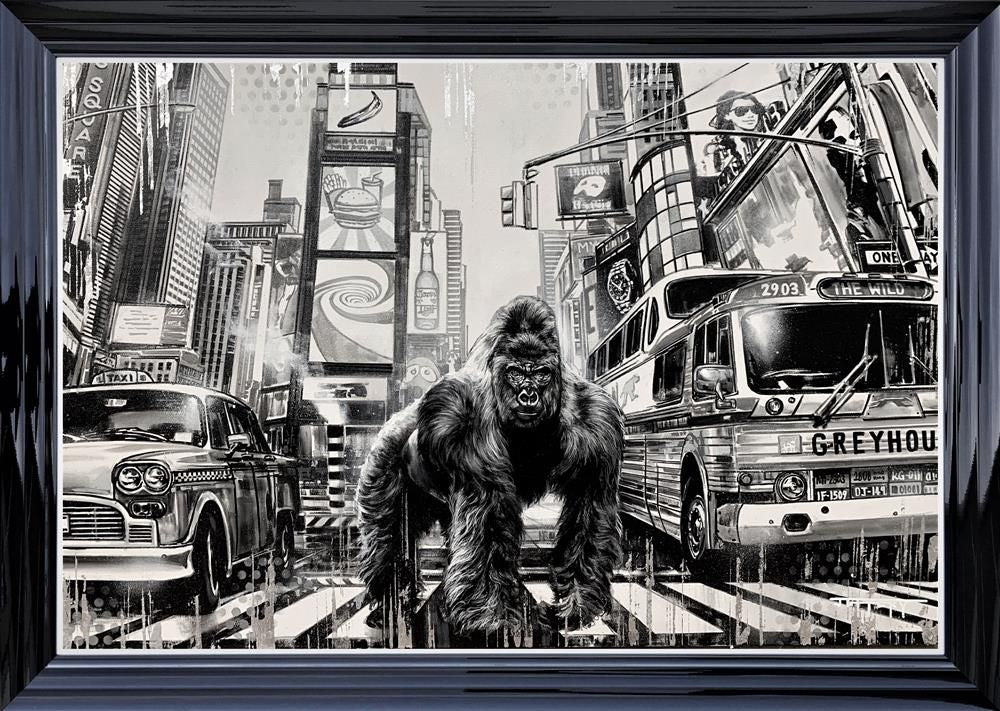 Ben Jeffery hand embellished canvas print featuring a gorilla in a city street scene
