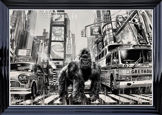 Ben Jeffery hand embellished canvas print featuring a gorilla in a city street scene