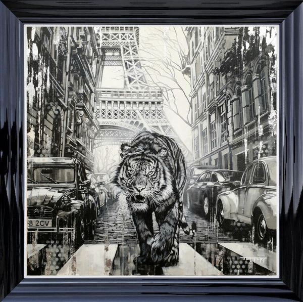 Urban Hunter hand-embellished canvas print by Ben Jeffery featuring a tiger in a Paris street scene with the Eiffel Tower.