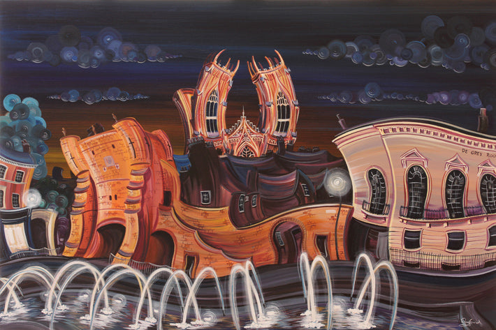 Limited edition giclee print of Bootham Bar at night by Rayford with distorted buildings and fountains