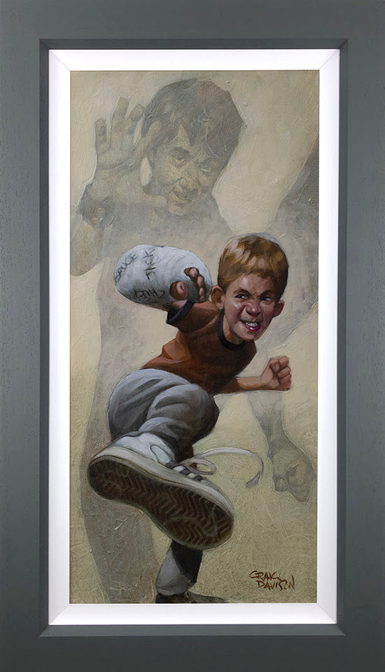 Armour Of Bob hand embellished canvas limited edition print by Craig Davison featuring a boy with a rugby ball in dynamic pose