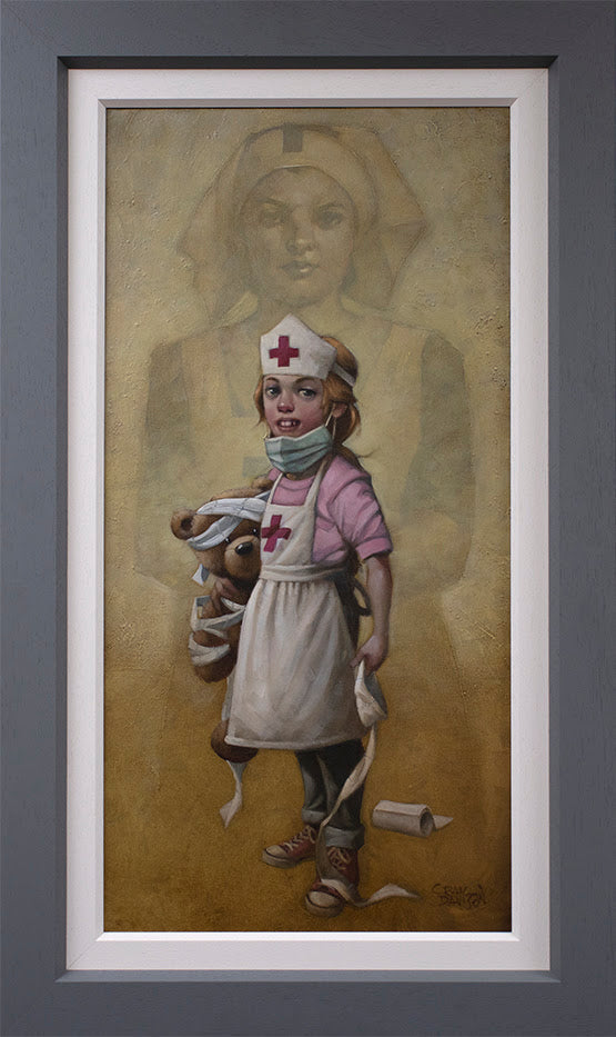 Choose Your Own Hero is a hand embellished canvas print by Craig Davison, showing a little girl dreaming of becoming a nurse. In stock now at The Acorn Gallery in Pocklington. Shop online or call us on 01759 307652. Delivery available.
