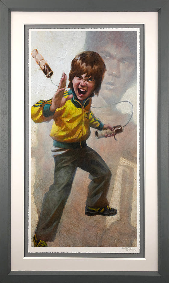Limited edition Craig Davison Giclee print of young Bruce Lee in yellow jacket, hand signed, framed 36x21 inches