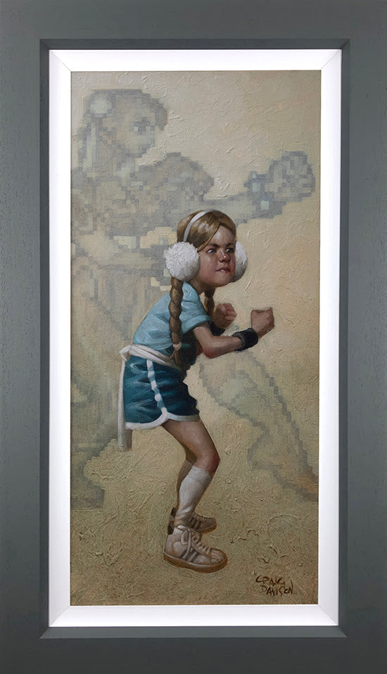 Game On hand embellished canvas art by Craig Davison featuring boxed girl character in vintage athletic pose