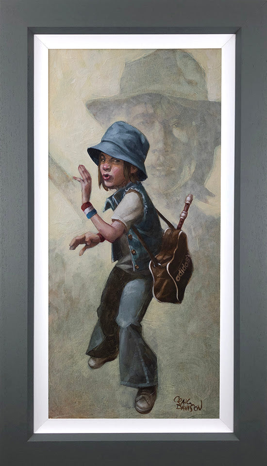 Craig Davison hand embellished canvas print featuring a child in a bucket hat and backpack, limited edition artwork.