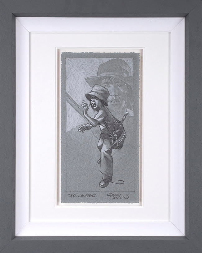 Limited edition Craig Davison Grasshopper sketch print in white frame, hand signed by artist