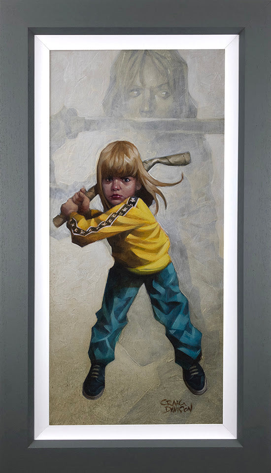 Craig Davison limited edition hand embellished canvas artwork titled Here Comes The Bride featuring a child holding a bat in a yellow jacket, framed 36x2 inches