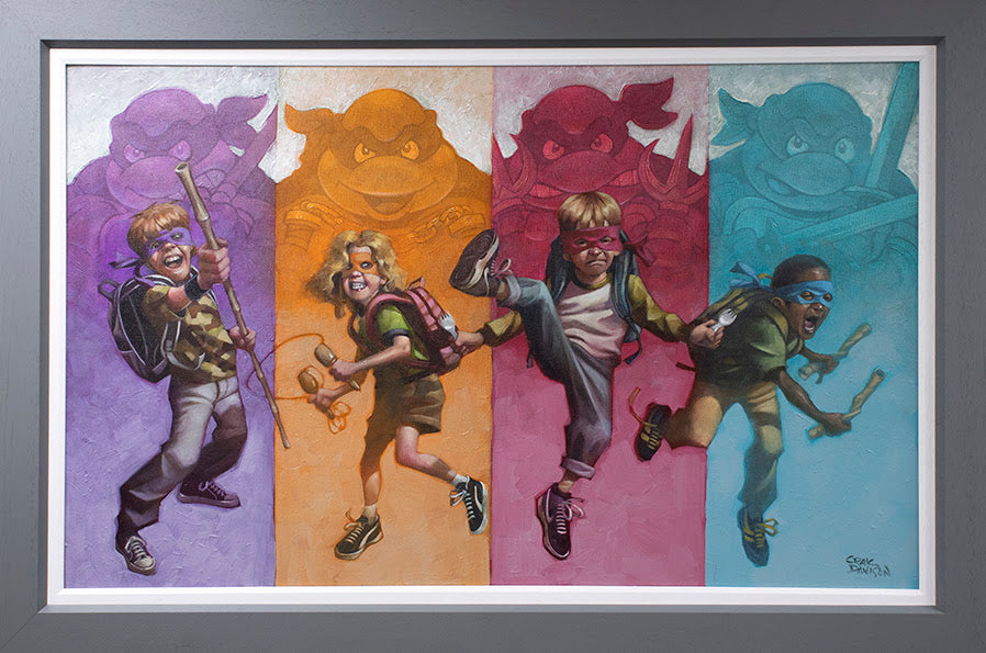 Limited edition hand embellished canvas print Heroes In A Half Shell by Craig Davison with framed size 29.5 x 42 inches