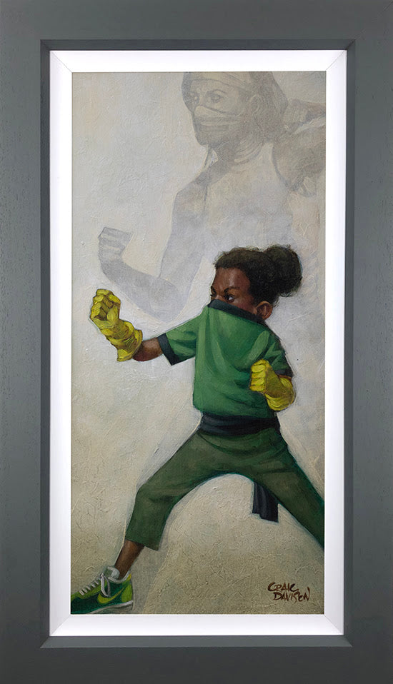 Minimal Kombat hand embellished canvas print by Craig Davison featuring a child boxer in green with yellow gloves.