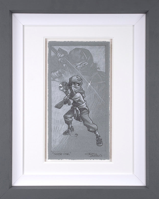 Limited edition Ninja Star sketch by Craig Davison, hand signed giclee print in white frame