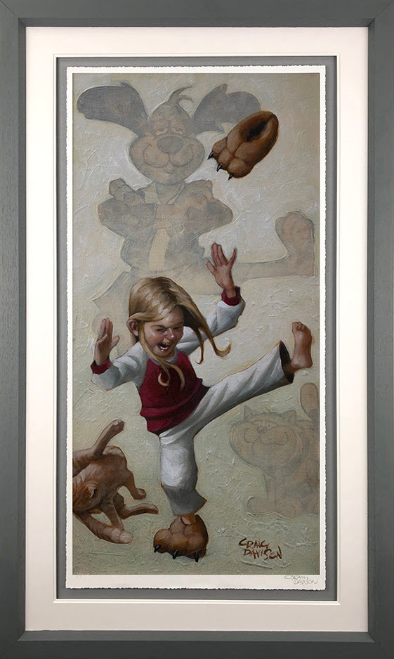 Limited edition Craig Davison print titled Quicker Than The Human Eye showing a child playing with a dog in framed artwork