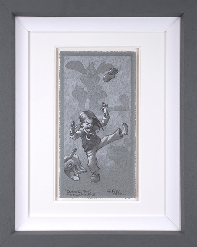 Limited edition Craig Davison sketch titled Quicker Than The Human Eye in white frame