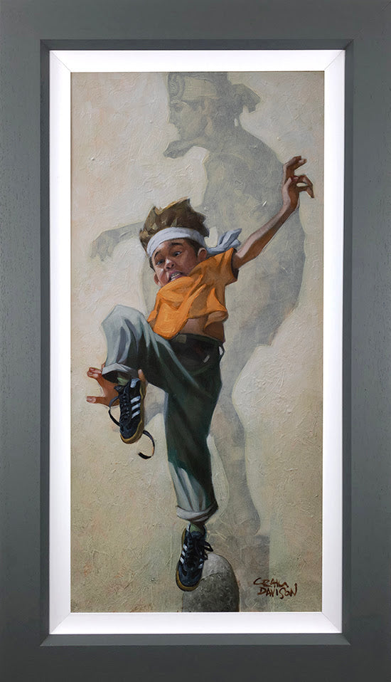 Craig Davison hand embellished canvas art titled Wax On Wax Off Karate Kid featuring a boy in mid-kick with shadow silhouette, framed 36x21 inches
