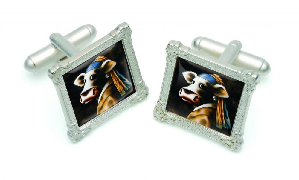Cow With A Pearl Earring Cufflinks by Caroline Shotton. Available at The Acorn Gallery in Pocklington. Call 01759 307652.