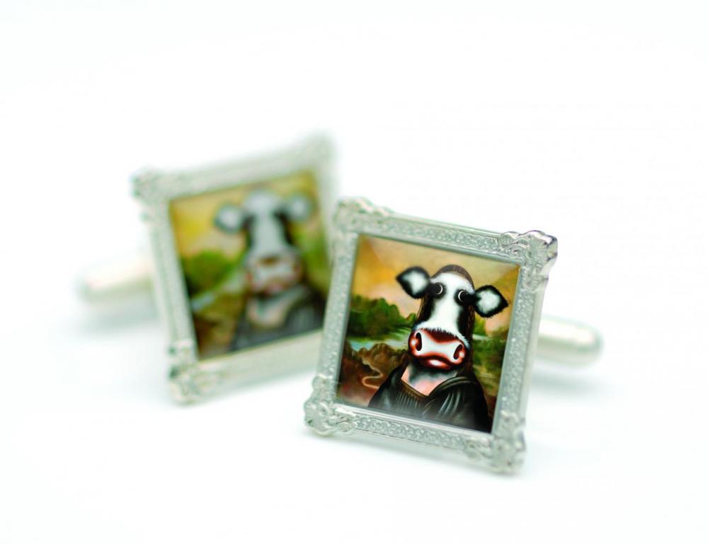 Moona Lisa limited edition cufflinks by Caroline Shotton featuring hand-signed cow portraits
