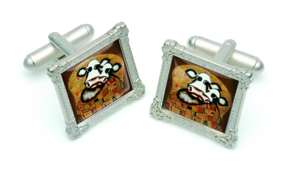 Limited edition Caroline Shotton cufflinks featuring cow artwork inspired by Gustav Klimpt's The Kiss
