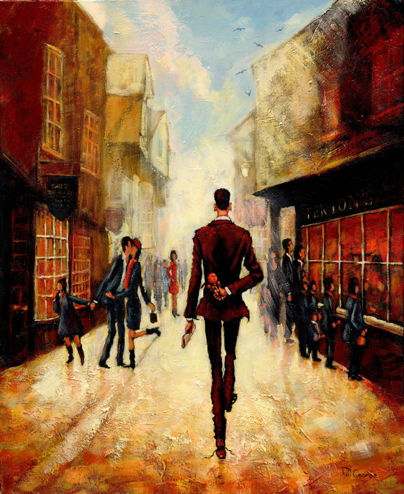Limited edition giclee print by Phil George showing a man walking down York's Shambles with a hidden lollipop behind his back
